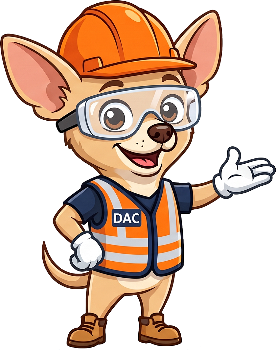Chi, the DacTAPE site-safety mascot: a chihuahua in a hard hat and high-vis vest